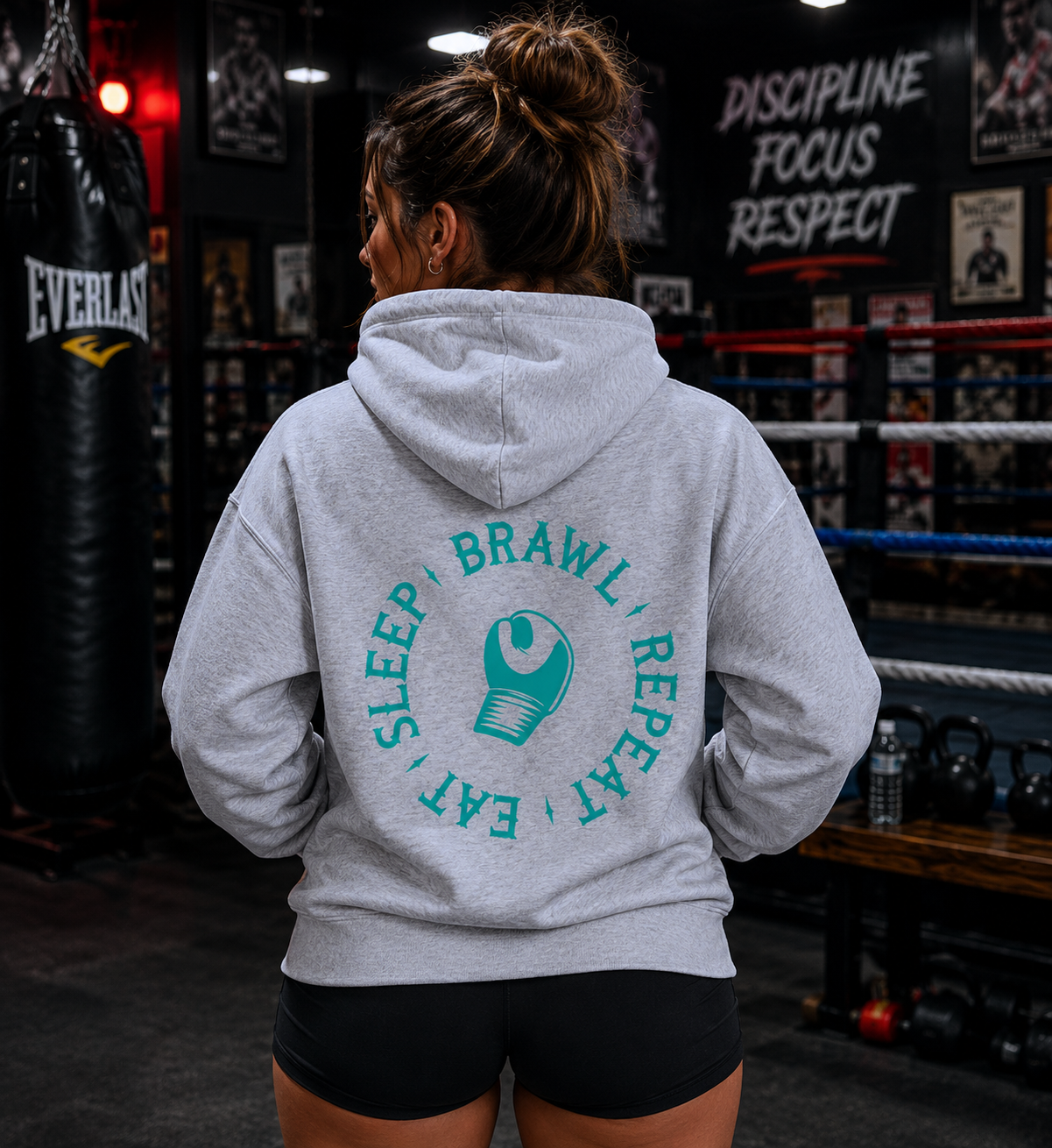 Womens Eat Sleep Brawl Repeat Hoodie- White Marle